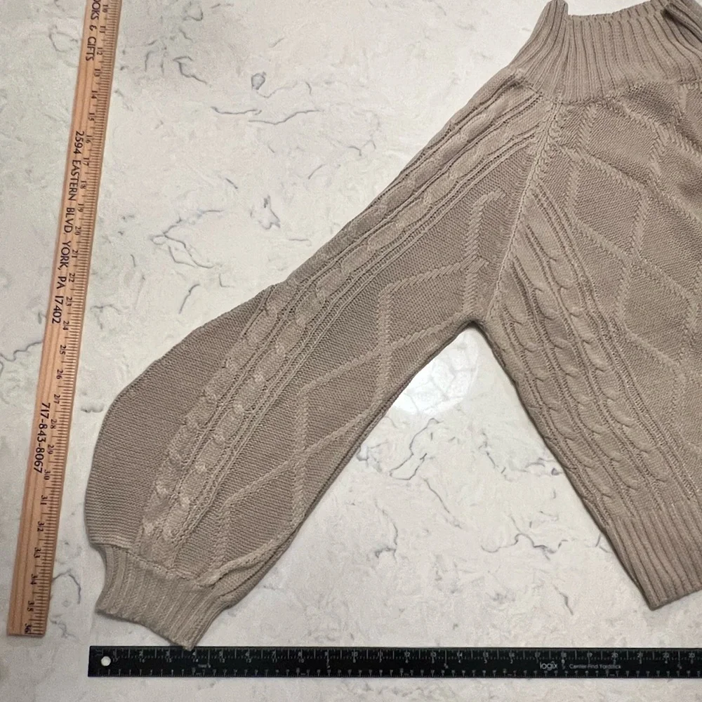 Women's Classic Beige Cable Knit Mock Turtleneck Sweater with Balloon Sleeves